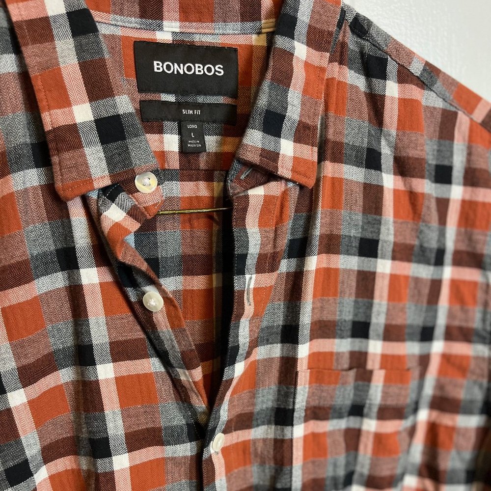 Bonobos Brushed Long Sleeve Button Down Orange and Black Flannel Large Long Slim
